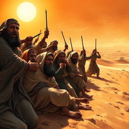 A dramatic and emotionally charged scene depicting the companions of Prophet Muhammad being tortured by the Quraysh