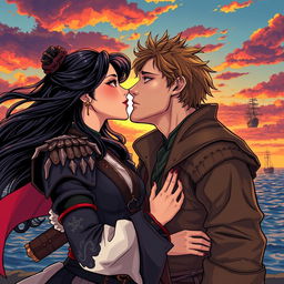 A vivid manhwa-style illustration depicting a romantic scene of a couple kissing