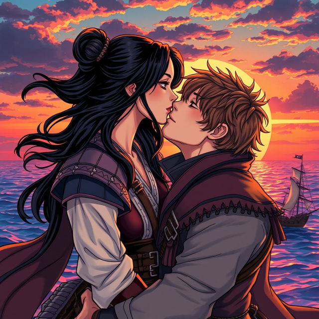 A vivid manhwa-style illustration depicting a romantic scene of a couple kissing