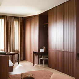 A well-proportioned room with a large window directly across a door. Furnished with a dark brown wooden bed, a matching dressing table, a cupboard, and a study table. Design the room with harmonious color combinations.