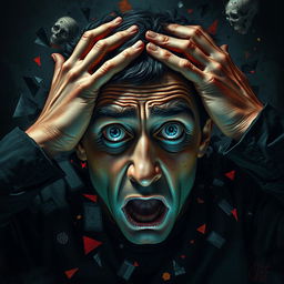 A dramatic scene depicting a man overwhelmed by madness, with distorted facial features reflecting chaos and despair