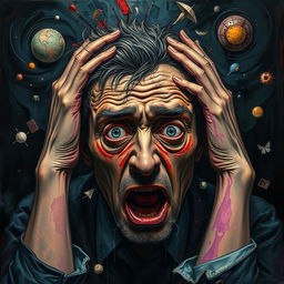 A dramatic scene depicting a man overwhelmed by madness, with distorted facial features reflecting chaos and despair