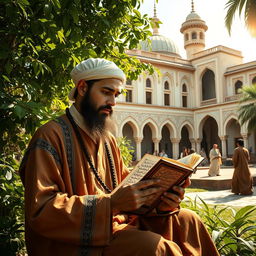 A historical scene depicting a devoted student of the great philosopher Muhammad, dressed in traditional attire, studying at a vibrant, ancient madrasa surrounded by lush greenery