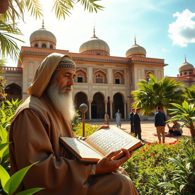 A historical scene depicting a devoted student of the great philosopher Muhammad, dressed in traditional attire, studying at a vibrant, ancient madrasa surrounded by lush greenery