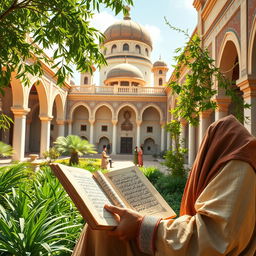 A historical scene depicting a devoted student of the great philosopher Muhammad, dressed in traditional attire, studying at a vibrant, ancient madrasa surrounded by lush greenery