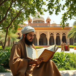 A historical scene depicting a devoted student of the great philosopher Muhammad, dressed in traditional attire, studying at a vibrant, ancient madrasa surrounded by lush greenery