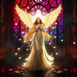A divine and ethereal goddess of love, depicted with flowing golden hair and wearing a flowing gown, radiating an aura of beauty and affection