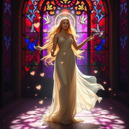 A divine and ethereal goddess of love, depicted with flowing golden hair and wearing a flowing gown, radiating an aura of beauty and affection