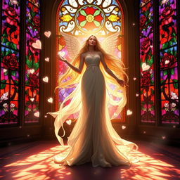 A divine and ethereal goddess of love, depicted with flowing golden hair and wearing a flowing gown, radiating an aura of beauty and affection