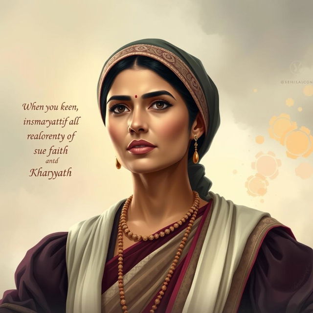 A strong and unwavering woman depicted in an artistic style, representing Sumayyah binti Khayyat, a historical figure known for her resilience and bravery