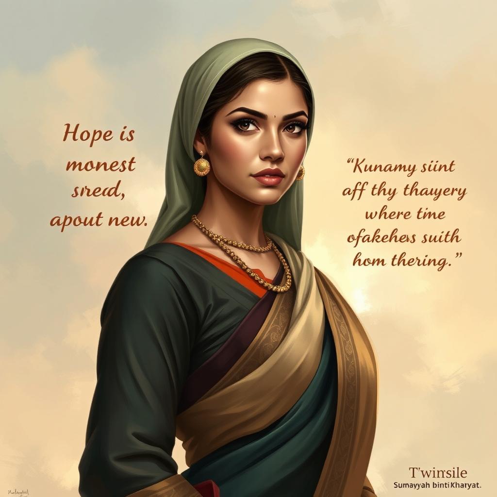 A strong and unwavering woman depicted in an artistic style, representing Sumayyah binti Khayyat, a historical figure known for her resilience and bravery