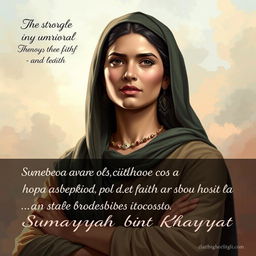 A strong and unwavering woman depicted in an artistic style, representing Sumayyah binti Khayyat, a historical figure known for her resilience and bravery