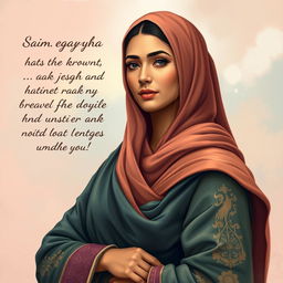 A strong and unwavering woman depicted in an artistic style, representing Sumayyah binti Khayyat, a historical figure known for her resilience and bravery
