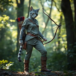 A blue-grey tabby female tabaxi huntress in a forest setting, wearing simple, rugged clothing suitable for hunting
