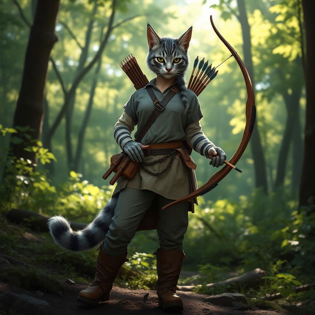 A blue-grey tabby female tabaxi huntress in a forest setting, wearing simple, rugged clothing suitable for hunting