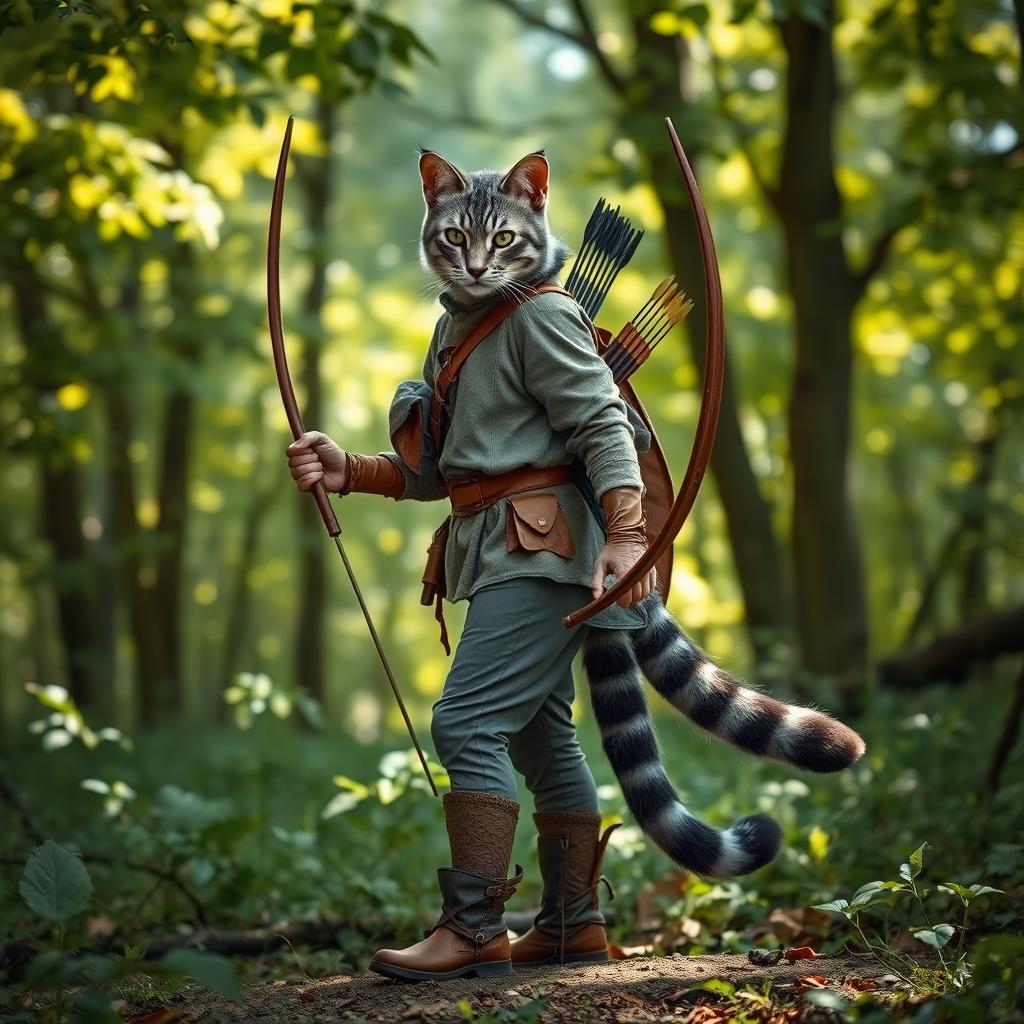 A blue-grey tabby female tabaxi huntress in a forest setting, wearing simple, rugged clothing suitable for hunting