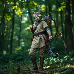 A blue-grey tabby female tabaxi huntress in a forest setting, wearing simple, rugged clothing suitable for hunting