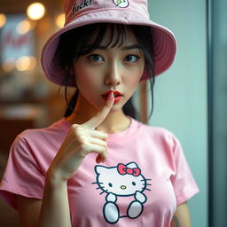 A beautiful Korean woman striking an elegant and captivating pose while wearing a pink t-shirt featuring a Hello Kitty design