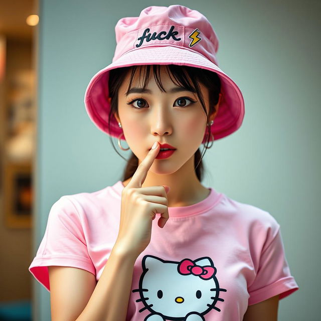 A beautiful Korean woman striking an elegant and captivating pose while wearing a pink t-shirt featuring a Hello Kitty design