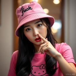 A beautiful Korean woman striking an elegant and captivating pose while wearing a pink t-shirt featuring a Hello Kitty design