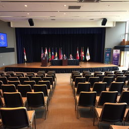A press conference room featuring a large stage equipped with a podium for the spokesperson, alongside a table for distinguished guests