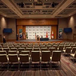 A press conference room featuring a large stage equipped with a podium for the spokesperson, alongside a table for distinguished guests