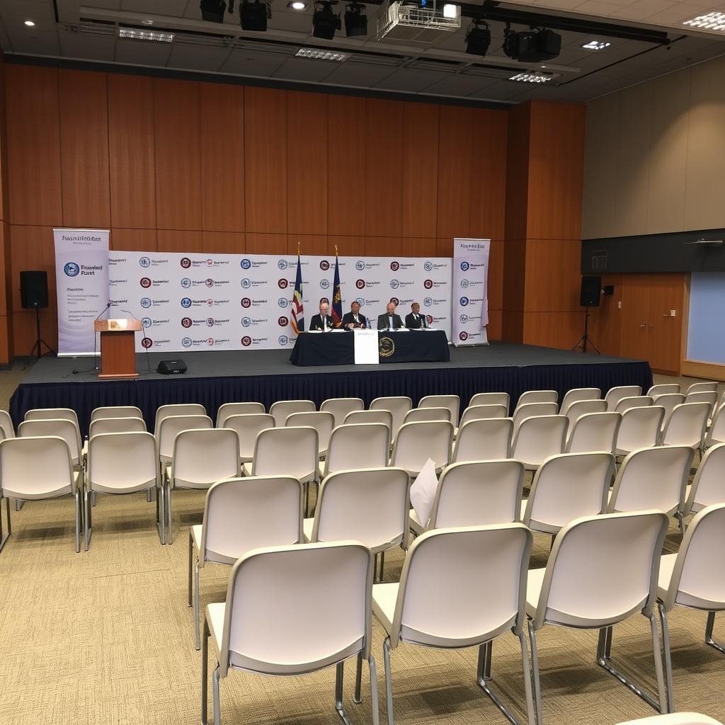 A press conference room featuring a large stage equipped with a podium for the spokesperson, alongside a table for distinguished guests