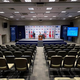 A press conference room featuring a large stage equipped with a podium for the spokesperson, alongside a table for distinguished guests