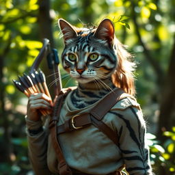 A blue-grey tabby female tabaxi huntress in a forest setting, wearing simple yet functional clothes made of natural materials