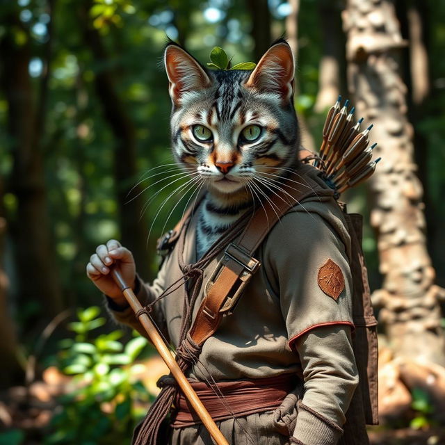 A blue-grey tabby female tabaxi huntress in a forest setting, wearing simple yet functional clothes made of natural materials