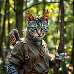 A blue-grey tabby female tabaxi huntress in a forest setting, wearing simple yet functional clothes made of natural materials