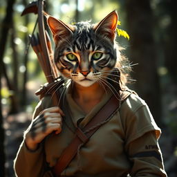 A blue-grey tabby female tabaxi huntress in a forest setting, wearing simple yet functional clothes made of natural materials