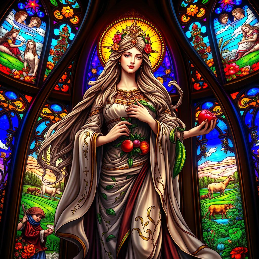 A magnificent depiction of a Goddess of Fertility, exuding beauty and grace, surrounded by vibrant stained glass windows that cast colorful illuminations