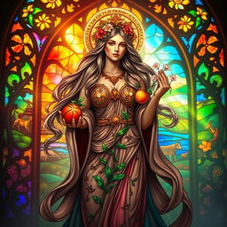 A magnificent depiction of a Goddess of Fertility, exuding beauty and grace, surrounded by vibrant stained glass windows that cast colorful illuminations