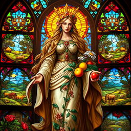 A magnificent depiction of a Goddess of Fertility, exuding beauty and grace, surrounded by vibrant stained glass windows that cast colorful illuminations