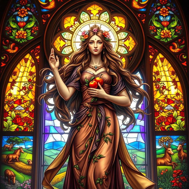 A magnificent depiction of a Goddess of Fertility, exuding beauty and grace, surrounded by vibrant stained glass windows that cast colorful illuminations