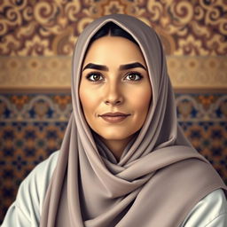 A visual representation of Sumayyah binti Khayyat, an iconic Muslimah figure, depicted wearing traditional Islamic attire that reflects her heritage