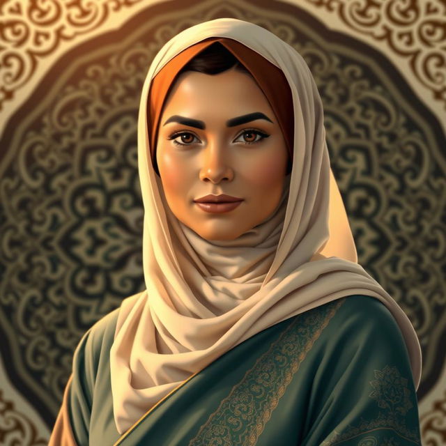 A visual representation of Sumayyah binti Khayyat, an iconic Muslimah figure, depicted wearing traditional Islamic attire that reflects her heritage