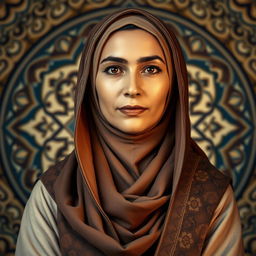 A visual representation of Sumayyah binti Khayyat, an iconic Muslimah figure, depicted wearing traditional Islamic attire that reflects her heritage