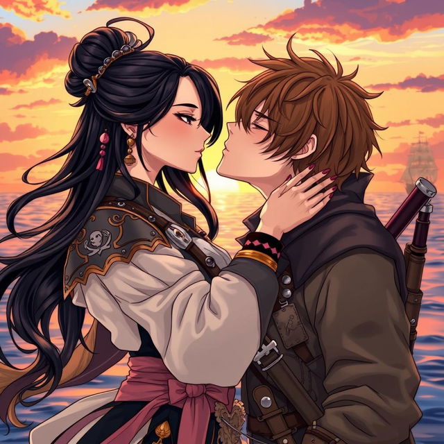 A manhwa-style illustration featuring a romantic scene of a couple kissing