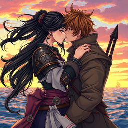 A manhwa-style illustration featuring a romantic scene of a couple kissing