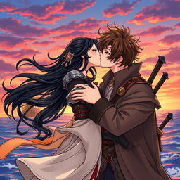 A manhwa-style illustration featuring a romantic scene of a couple kissing