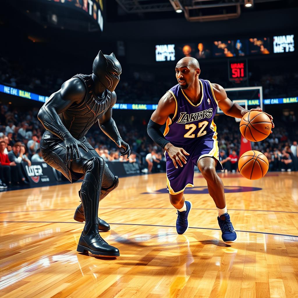 An intense and dynamic NBA basketball match featuring a player resembling Kobe Bryant in his iconic purple and gold Lakers uniform, dribbling the basketball with unwavering focus