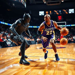 An intense and dynamic NBA basketball match featuring a player resembling Kobe Bryant in his iconic purple and gold Lakers uniform, dribbling the basketball with unwavering focus