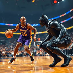 An intense and dynamic NBA basketball match featuring a player resembling Kobe Bryant in his iconic purple and gold Lakers uniform, dribbling the basketball with unwavering focus