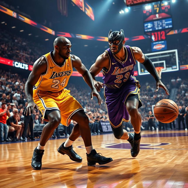 An intense and dynamic NBA basketball match featuring a player resembling Kobe Bryant in his iconic purple and gold Lakers uniform, dribbling the basketball with unwavering focus