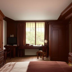 A well-proportioned room with a large window directly across a door. Furnished with a dark brown wooden bed, a matching dressing table, a cupboard, and a study table. Design the room with harmonious color combinations.