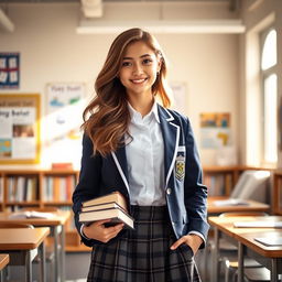 A teenage student dressed in a stylish high school uniform, standing confidently in a bright classroom filled with books and educational posters