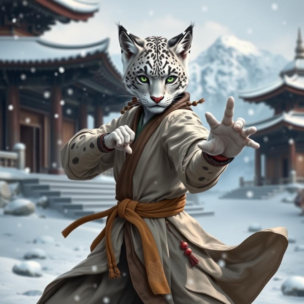 A female tabaxi monk with snow leopard-like features, showcasing her adventurous spirit