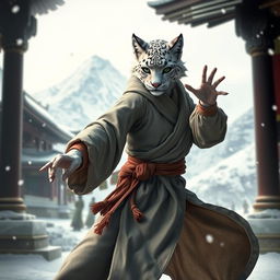 A female tabaxi monk with snow leopard-like features, showcasing her adventurous spirit